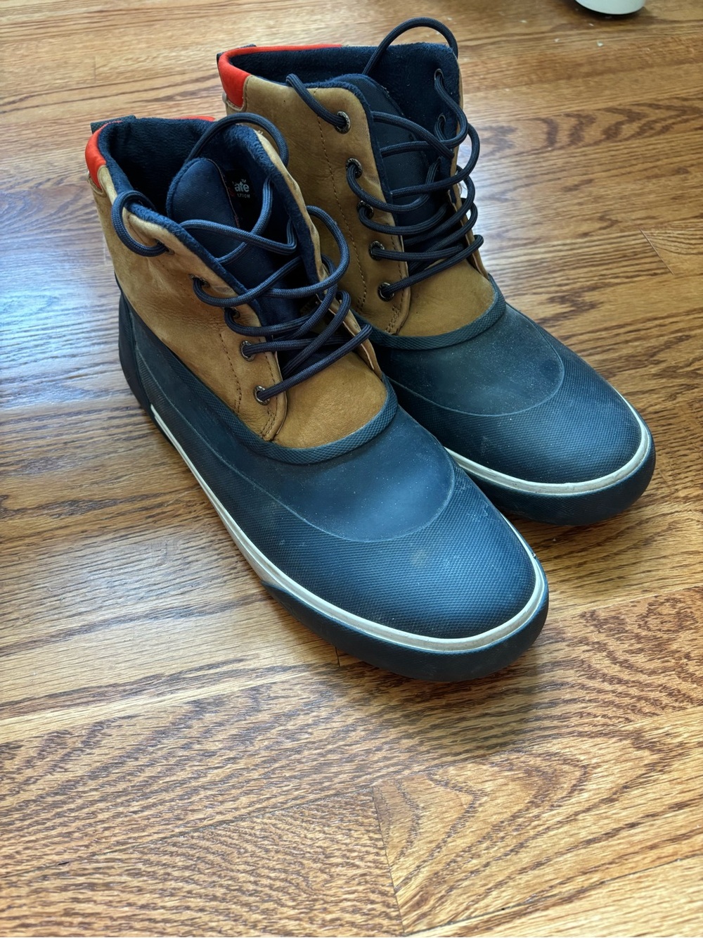 Sperry Two-Tone Duck Boots in Brown and Blue with Red Accent